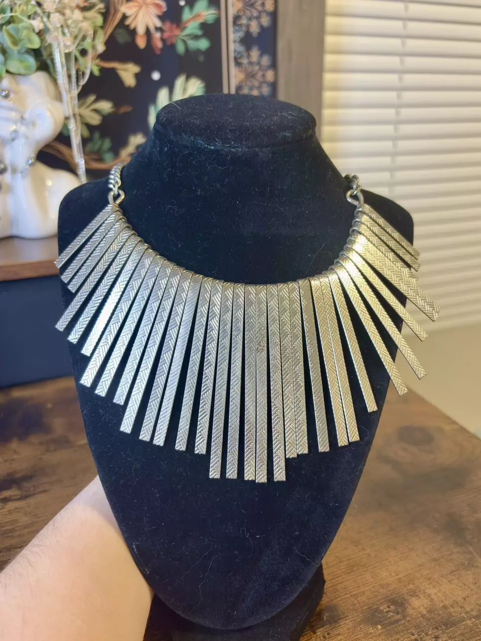 plant/Ethnic Tribal Silver Tone Metal Fan Necklace-0