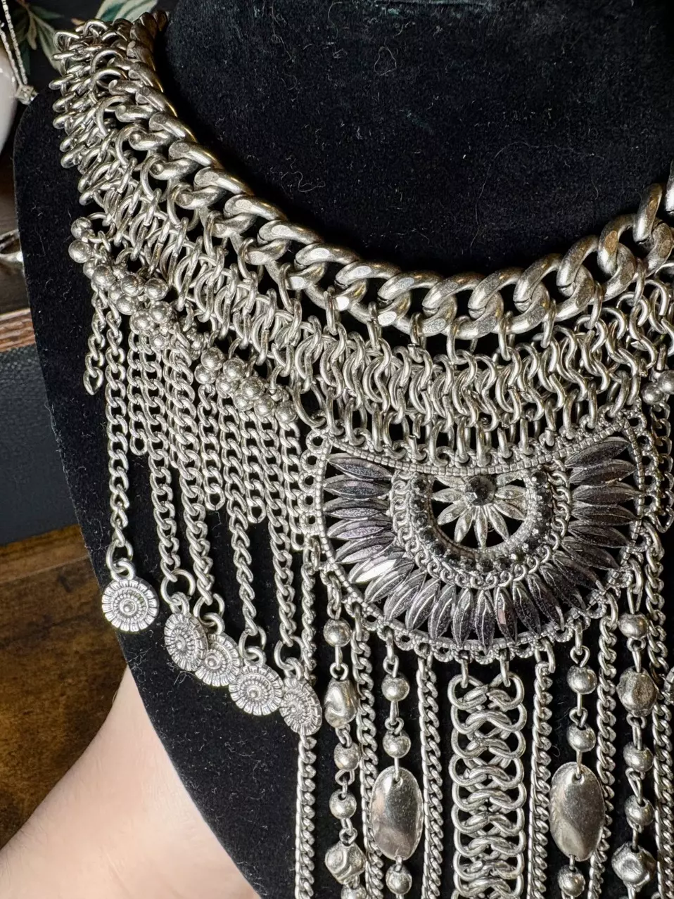 plant/Antique Silver Tone Boho Statement Necklace-1