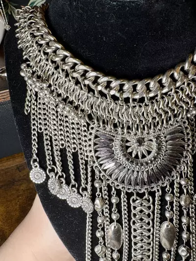 plant/Antique Silver Tone Boho Statement Necklace-1-thumbnail