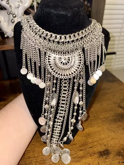 plant/Antique Silver Tone Boho Statement Necklace-5-thumbnail