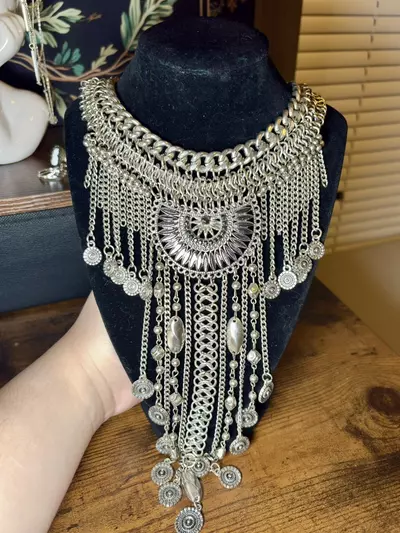 plant/Antique Silver Tone Boho Statement Necklace-0-thumbnail