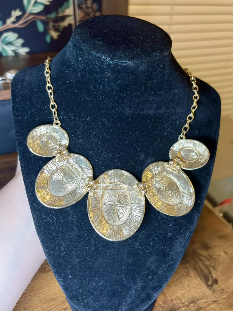 plant/Gold Tone Necklace w/ Turquoise Stones-1