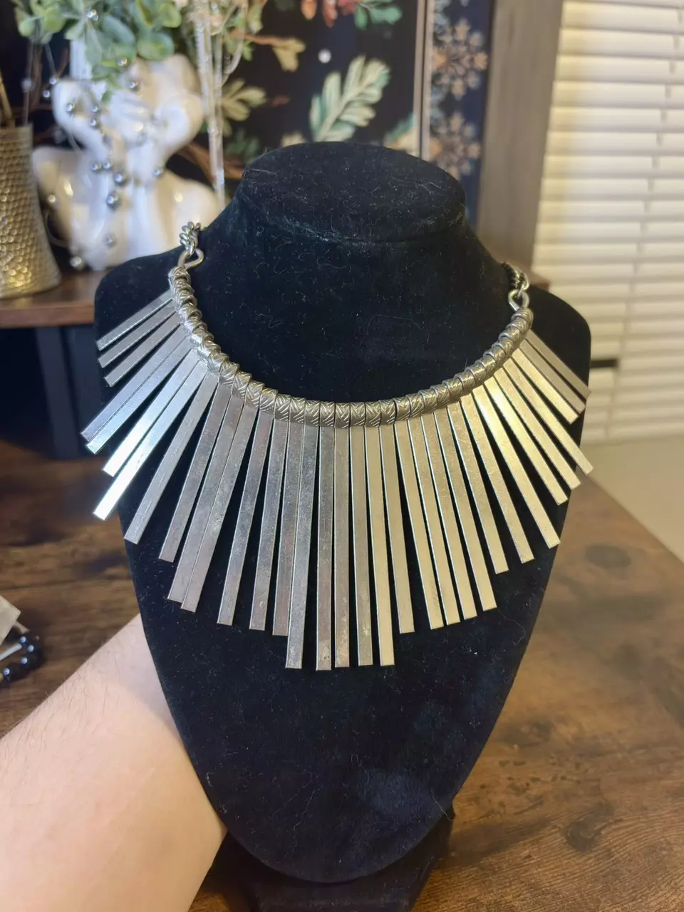 plant/Ethnic Tribal Silver Tone Metal Fan Necklace-1