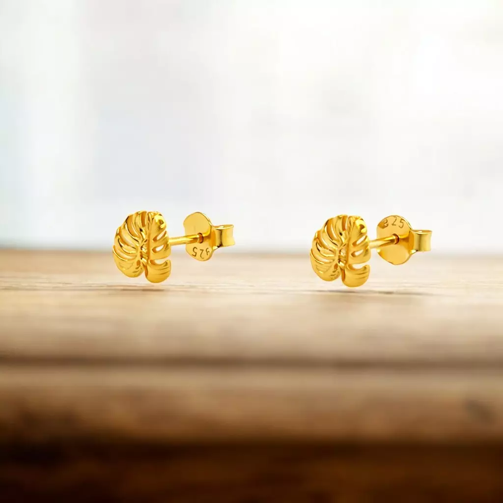 plant/Palm Leaf Stud Earrings in 14kt Yellow Gold Plated 925 Sterling Silver-0