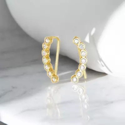 plant/Bezel Set CZ Ear Climbers in 14kt Yellow Gold Plated 925 Sterling Silver-0-thumbnail