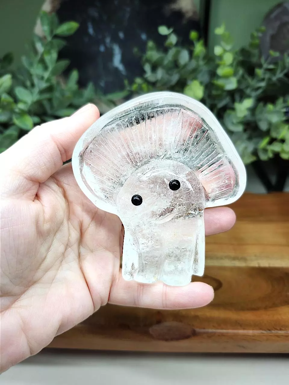 plant/Clear Quartz Jellyfish carving w/Obsidian eyes-1