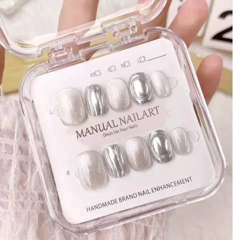 plant/56-Sparkling White & Silver Cat-Eye Handmade Press-On Nails -192-0