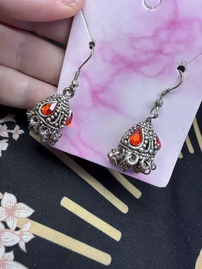 plant/Red and silver tone hook earrings-0-thumbnail