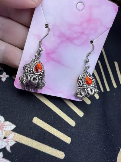 plant/Red and silver tone hook earrings-1-thumbnail