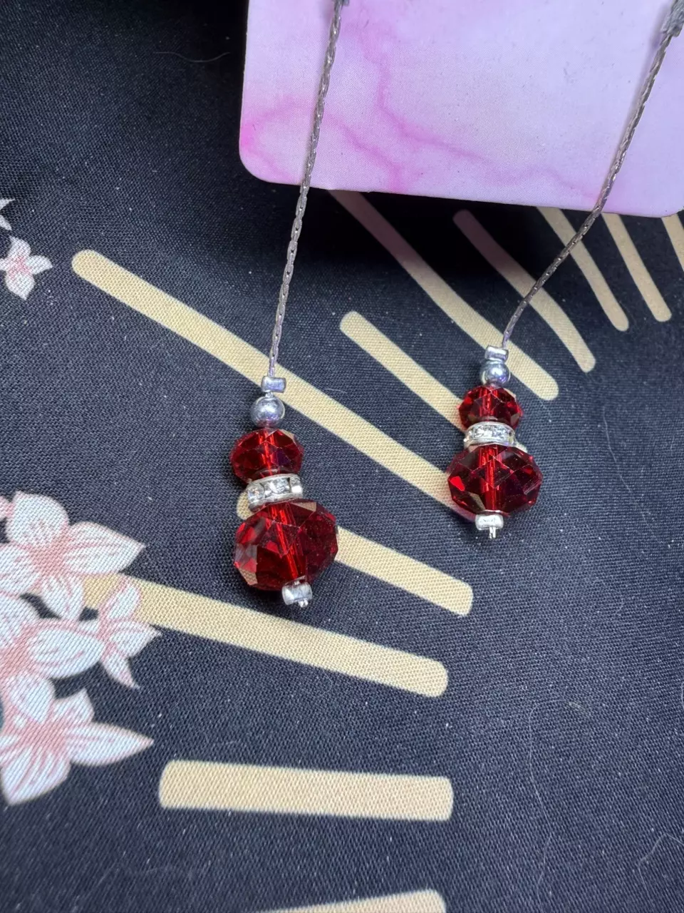 plant/Red and silver tone dangle hook earrings-1