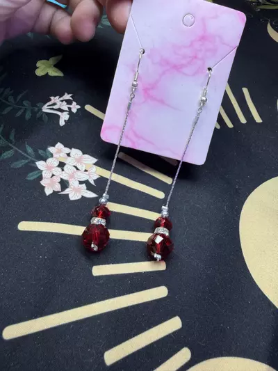 plant/Red and silver tone dangle hook earrings-0-thumbnail