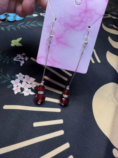 plant/Red and silver tone dangle hook earrings-2-thumbnail