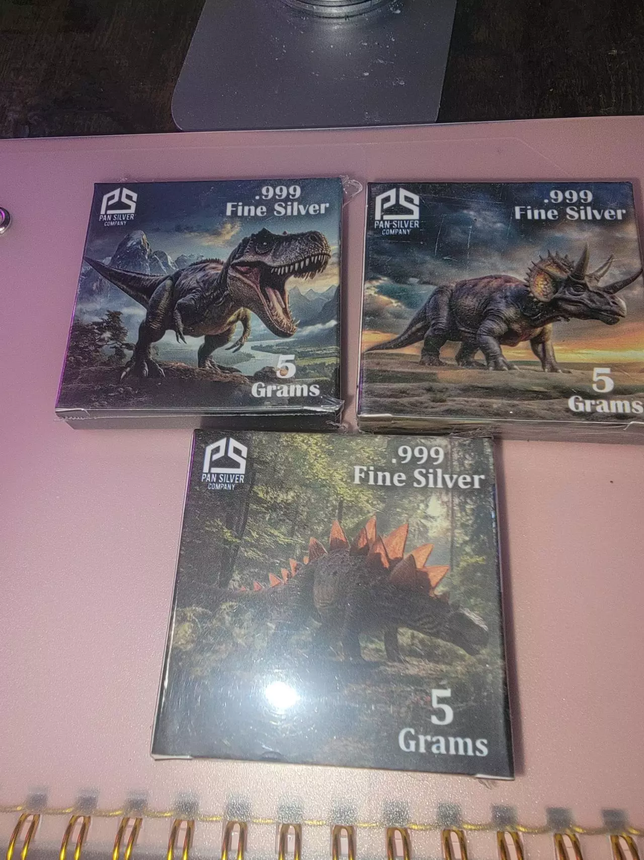 plant/3 qty Pan Silver Company 5-gram .999 fine silver dinosaur bars. SEALED-0