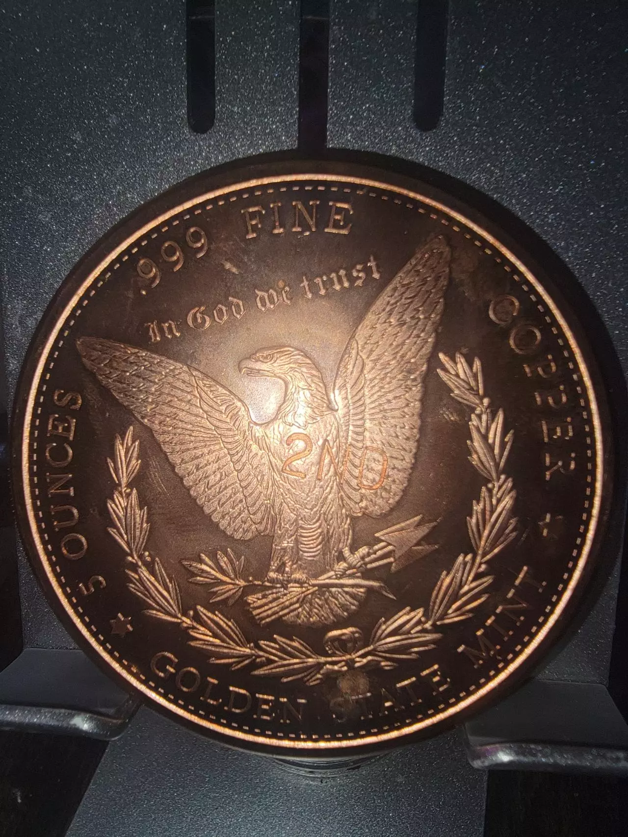 plant/5 oz copper round replica of the Morgan Dollar.-1