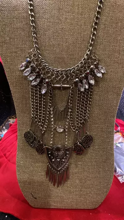 plant/VN  857 vintage silvertone  tribal bib statement necklace-0-thumbnail