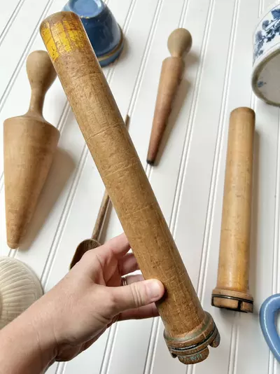 plant/Large wooden sewing spool with yellow and blue paint 12 1/2”-0-thumbnail