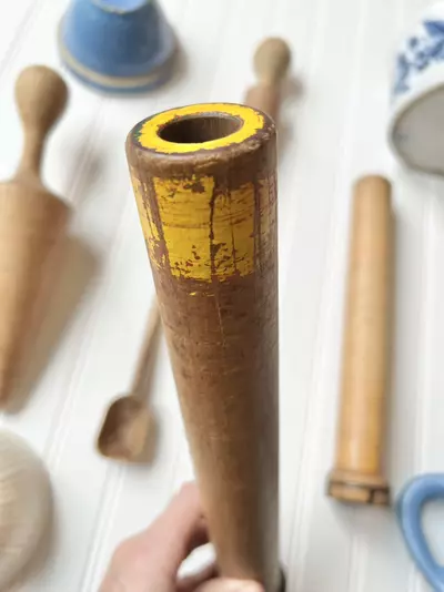 plant/Large wooden sewing spool with yellow and blue paint 12 1/2”-2-thumbnail