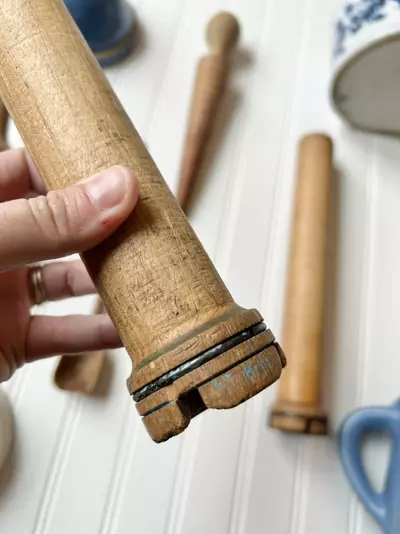 plant/Large wooden sewing spool with yellow and blue paint 12 1/2”-1-thumbnail