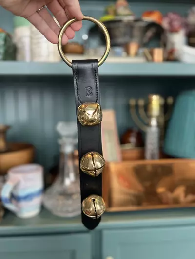 plant/Belsnickel Brass Sleigh Bells on Black Leather-0-thumbnail