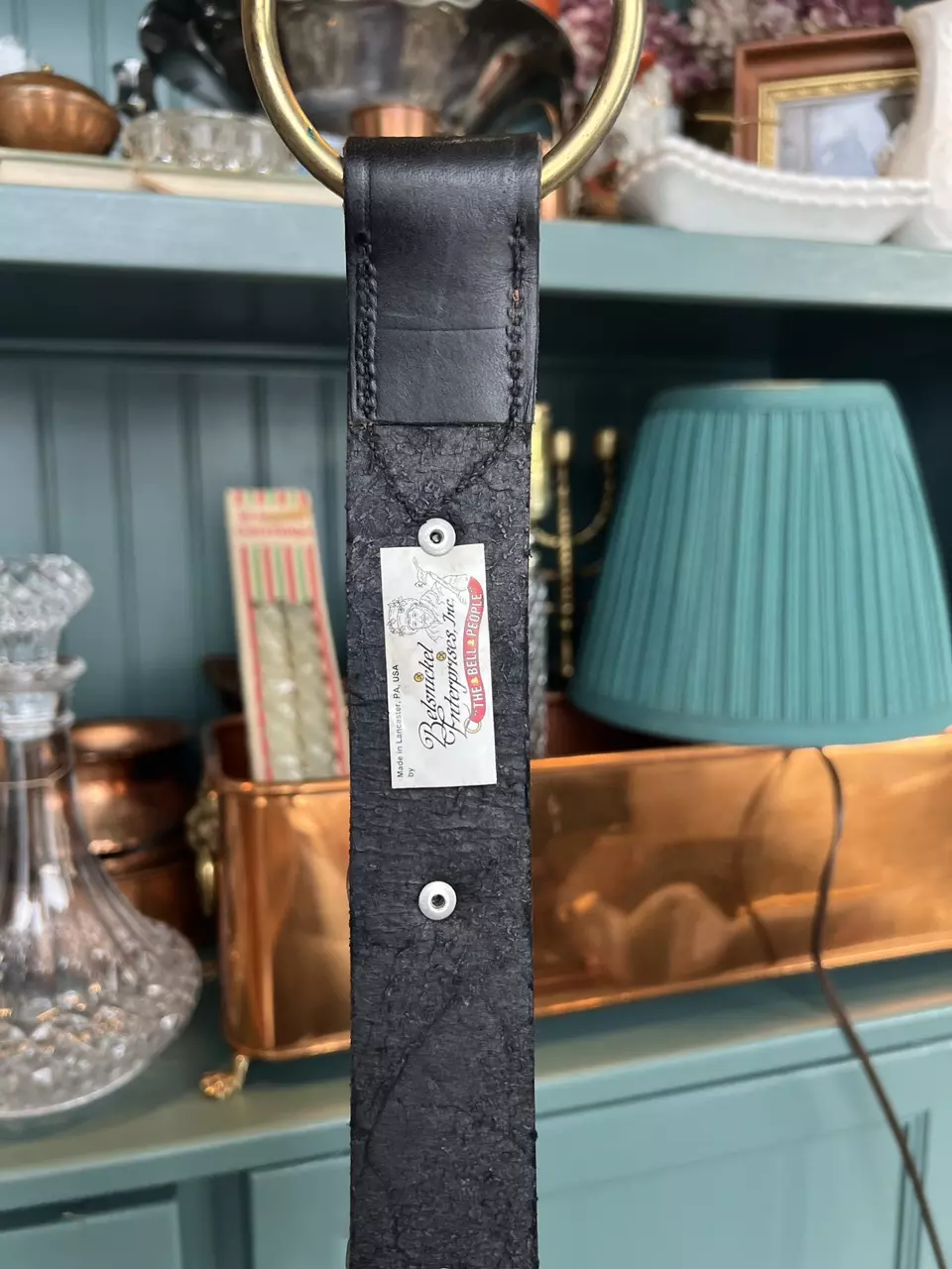 plant/Belsnickel Brass Sleigh Bells on Black Leather-1