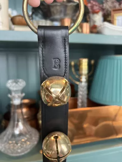 plant/Belsnickel Brass Sleigh Bells on Black Leather-2-thumbnail