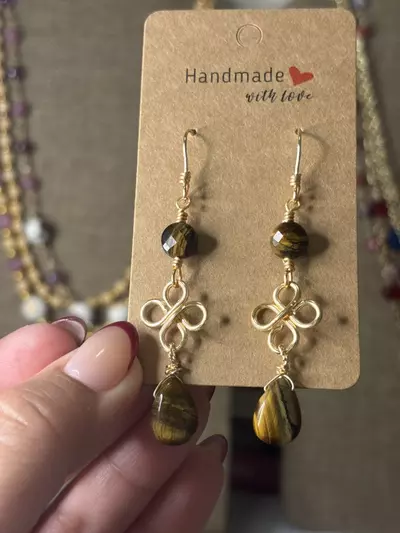 plant/Tigers eye drop earrings-0-thumbnail