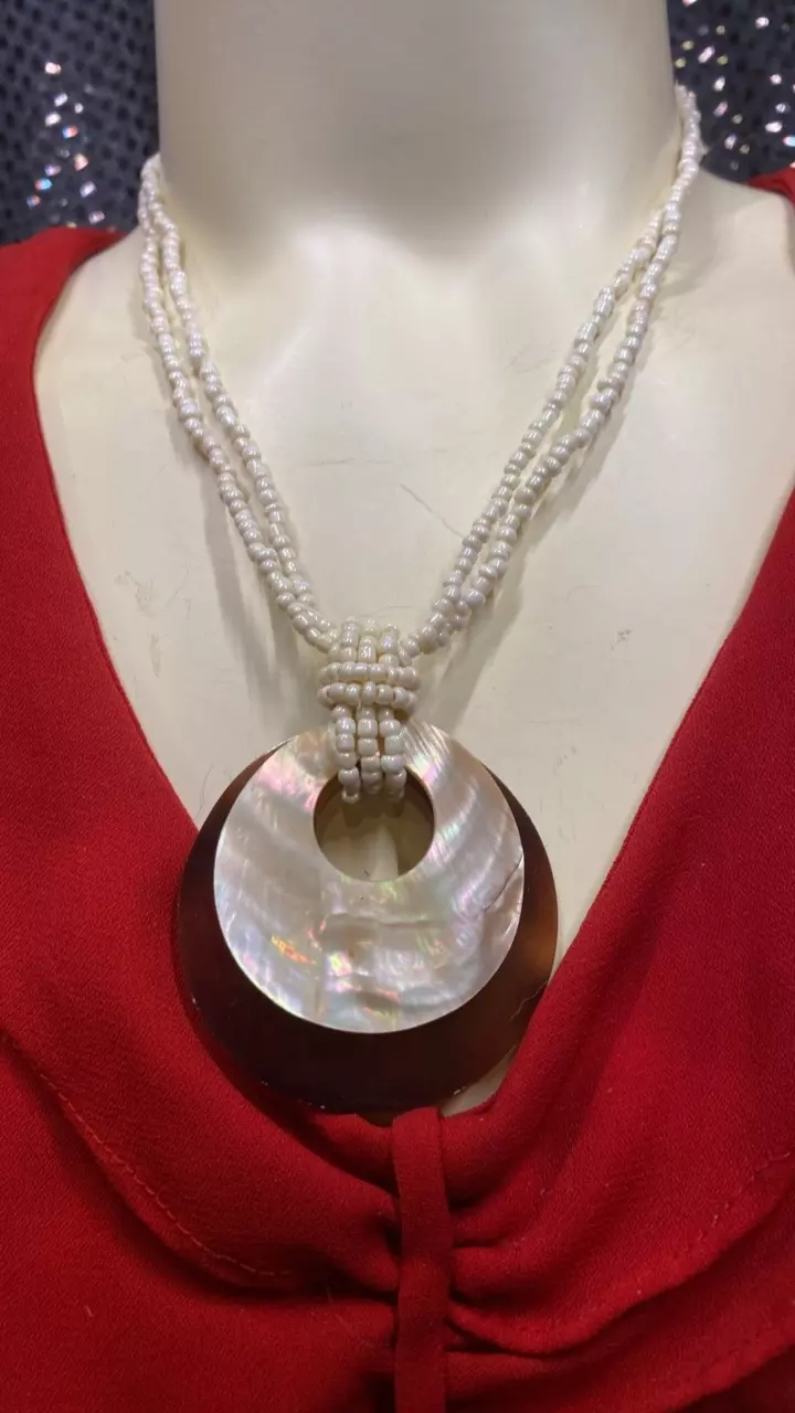 plant/VN 765 vintage necklace with two shell pendants with a seed bead chain-0