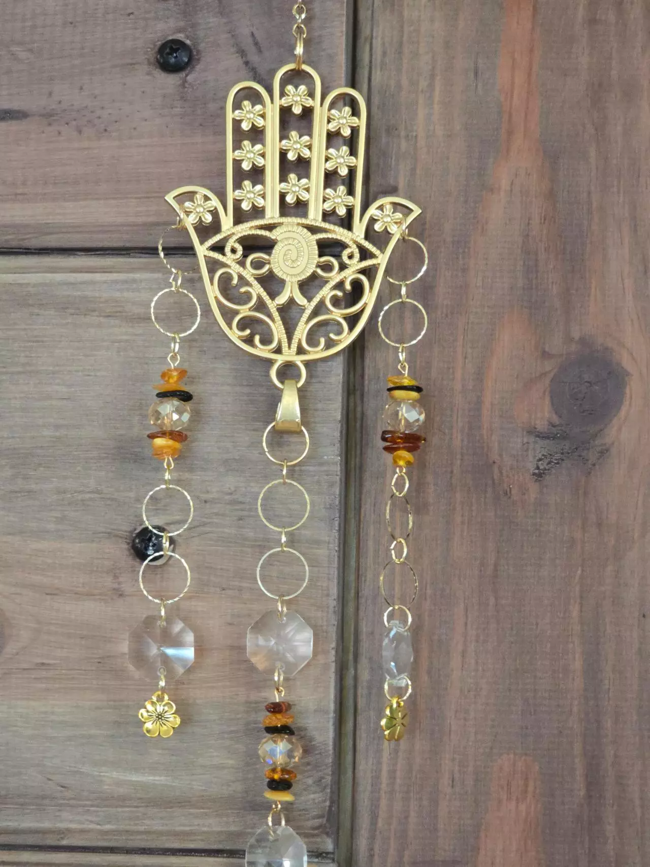 plant/Gold Hamsa Hand Suncatcher/Wall Hanging with Amber-3