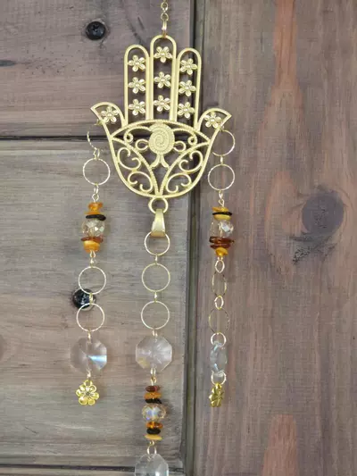 plant/Gold Hamsa Hand Suncatcher/Wall Hanging with Amber-3-thumbnail
