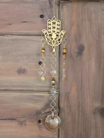 plant/Gold Hamsa Hand Suncatcher/Wall Hanging with Amber-0-thumbnail
