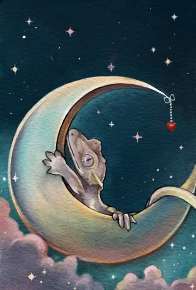 plant/Baby Crested Gecko on crescent moon digital watercolor painting art print 8x10-0-thumbnail