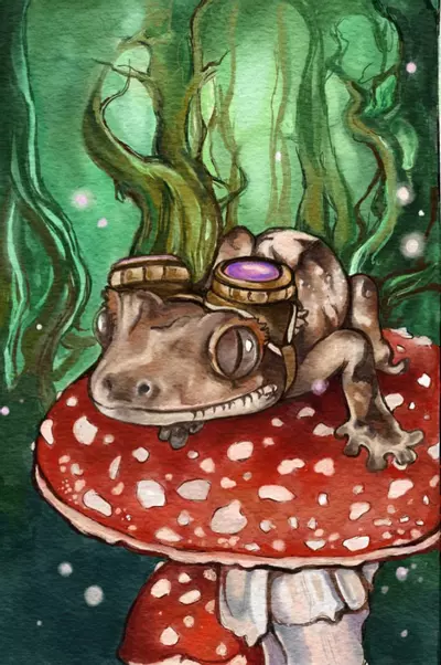 plant/Crested Gecko steampunk aviator on mushrooms digital watercolor art print 11x17-0-thumbnail