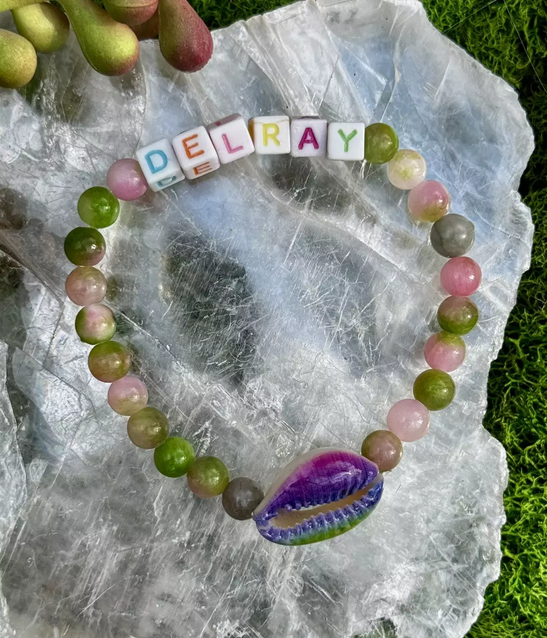 plant/Gold Coast Collection: ‘DELRAY’ Green, White + Pink Quartz Stretch Bracelet |6mm-0