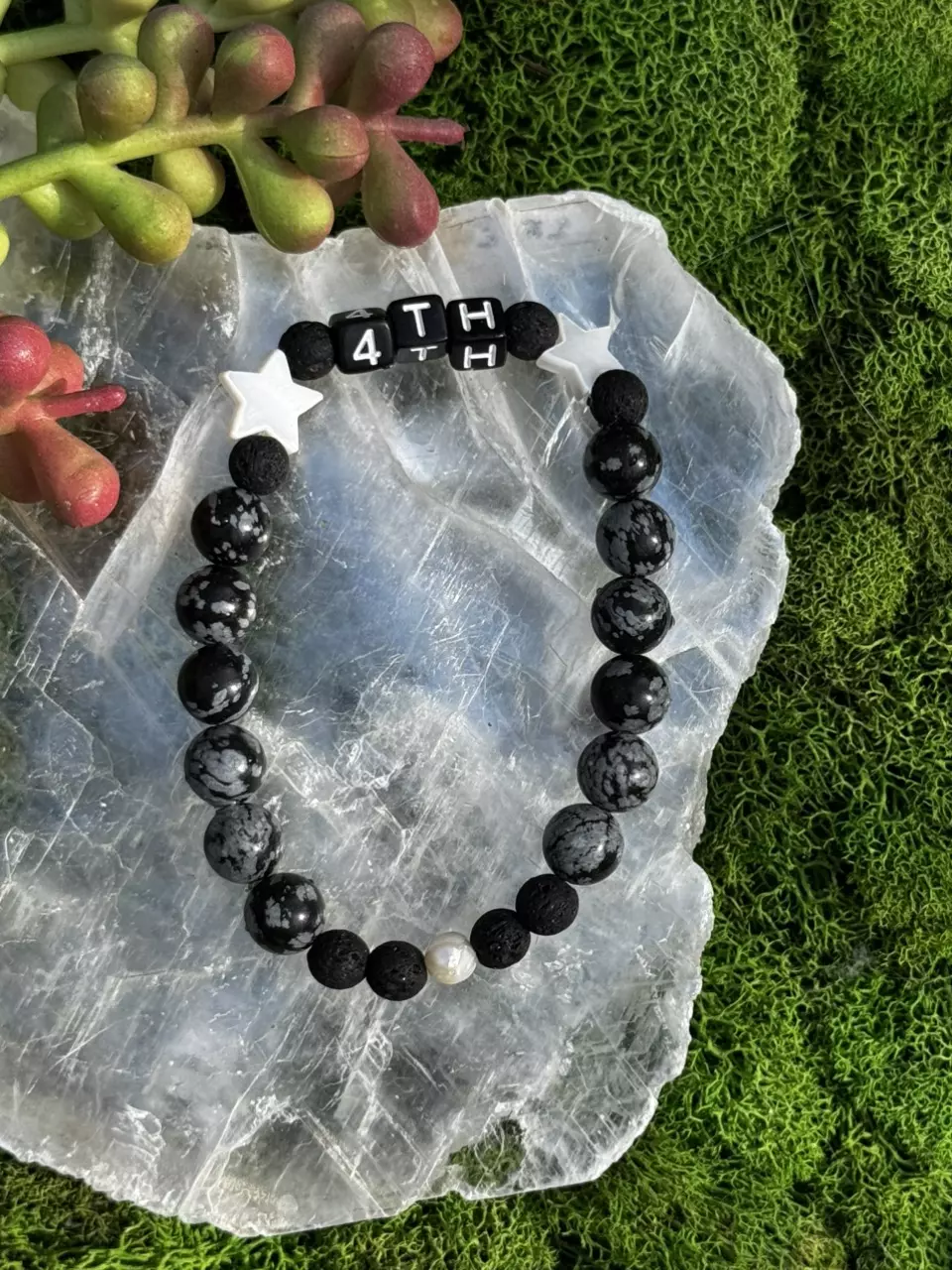 plant/Patriotic Collection: M.O.P. Stars, Lava & Snowflake Obsidian Stretch Bracelet-0