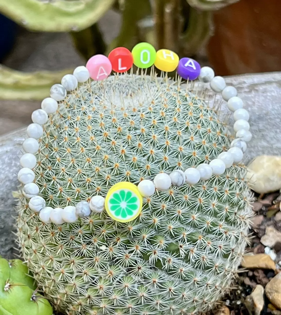 plant/Hawaiian Collection: ‘ALOHA’ White Howlite Stretch Bracelet | 6mm-0