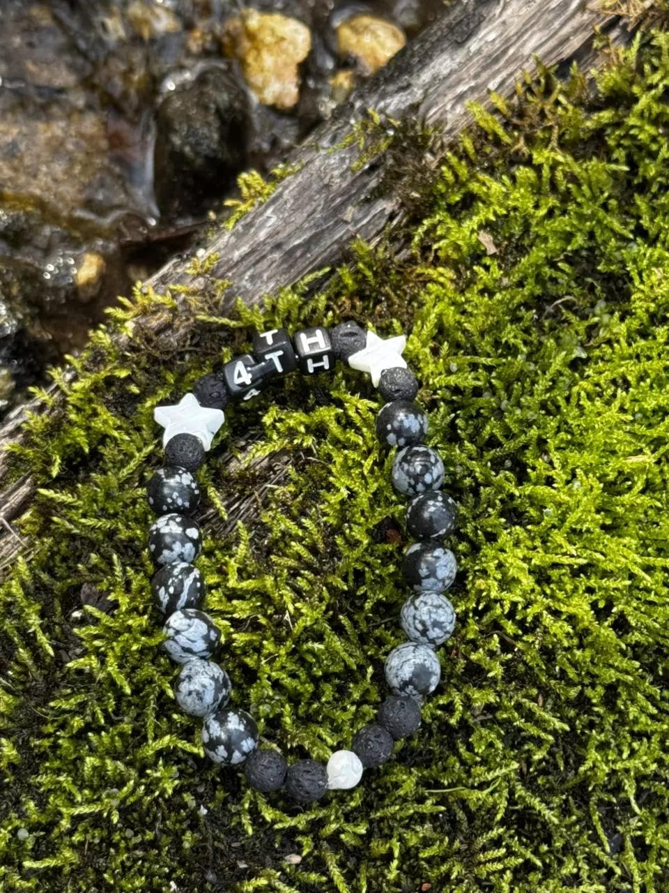 plant/Patriotic Collection: M.O.P. Stars, Lava & Snowflake Obsidian Stretch Bracelet-3