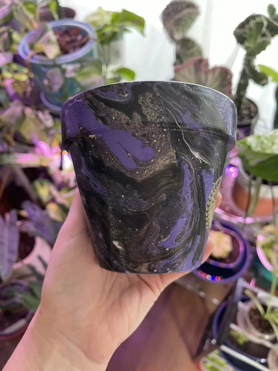 plant/4” Hydro-dipped clay pot: purple/black/silver-1