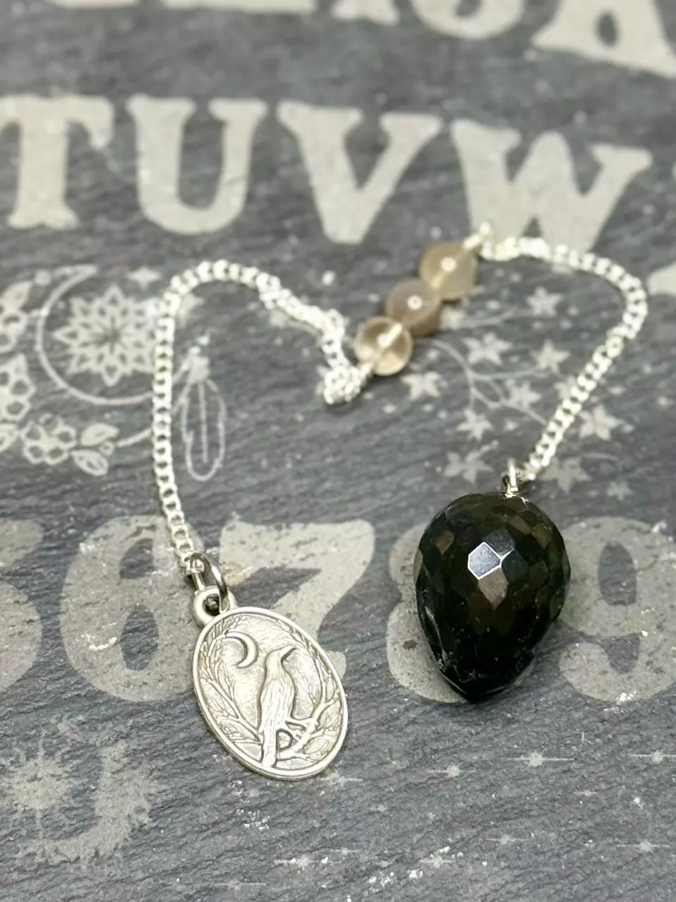 plant/Black onyx pendulum with grey moonstone and crow-0