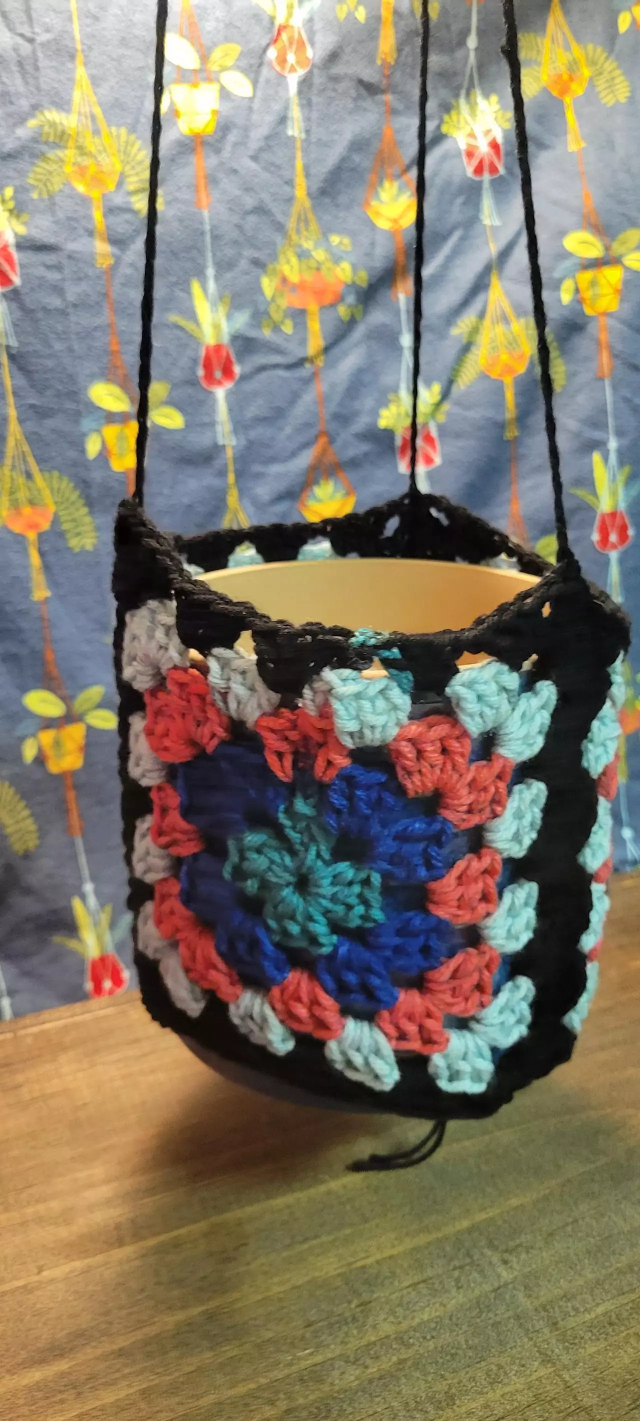 plant/Hand crochet plant pot hanger granny square teal on black for 6-8 inch pot-1