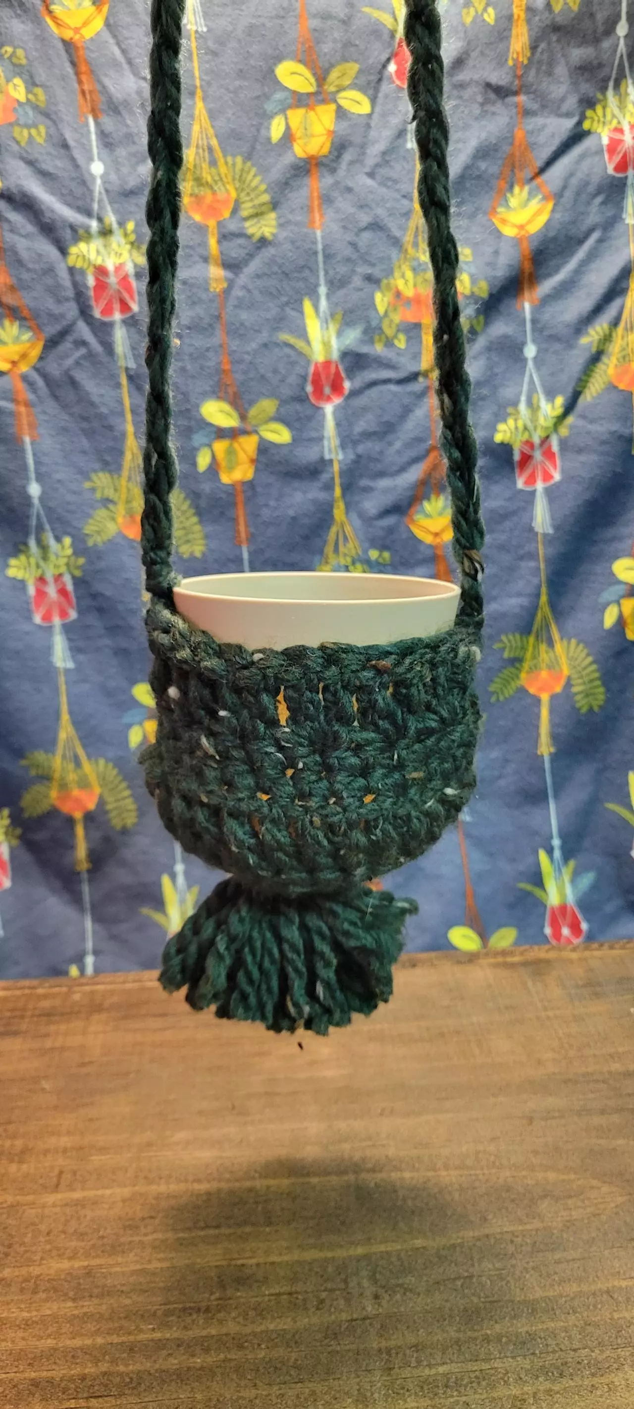 plant/Hand crocheted plant hanger for 4 inch pot. Forrest green speckled with pompom-0