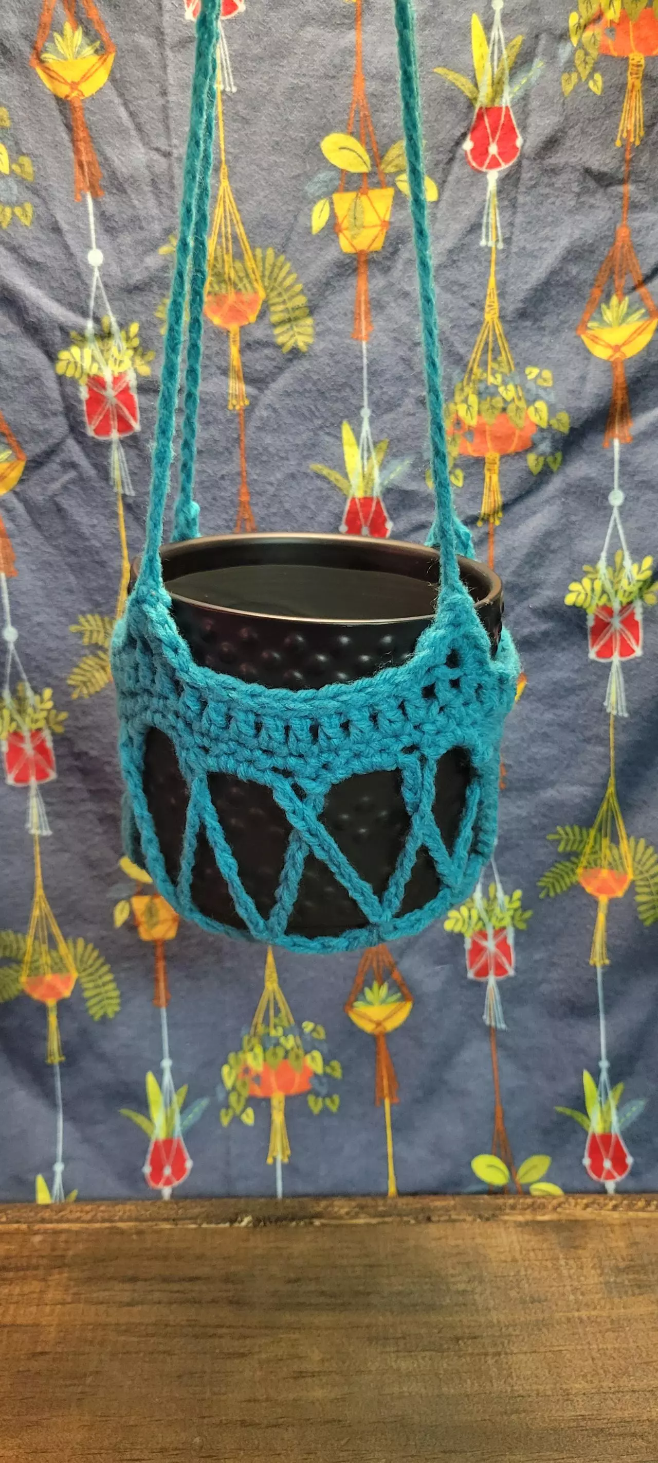 plant/Hand crochet plant pot hanger 5 inch teal cross pattern-0