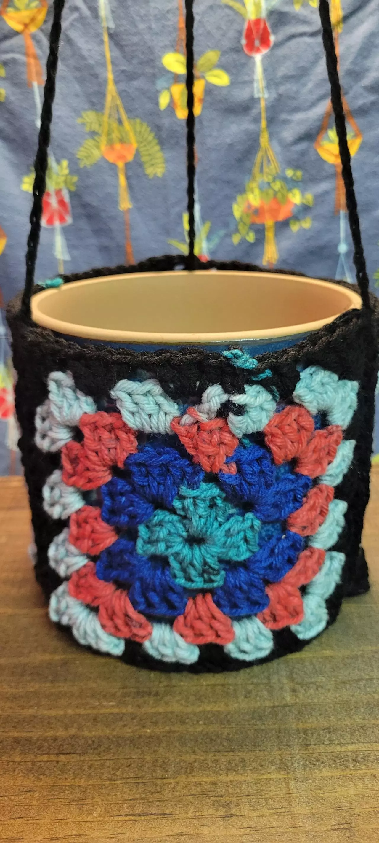 plant/Hand crochet plant pot hanger granny square teal on black for 6-8 inch pot-0