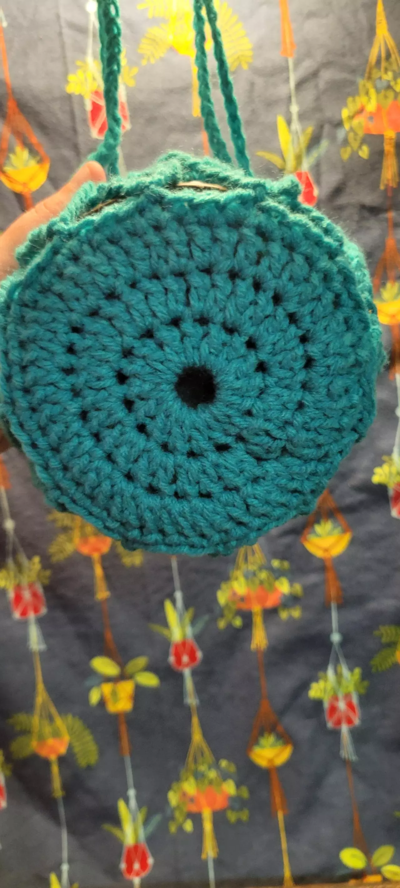plant/Hand crochet plant pot hanger 5 inch teal cross pattern-1