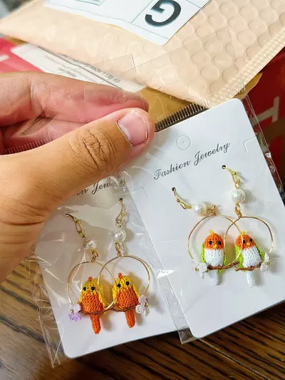 plant/Micro crochet birds earrings (yellow/white)-0-thumbnail