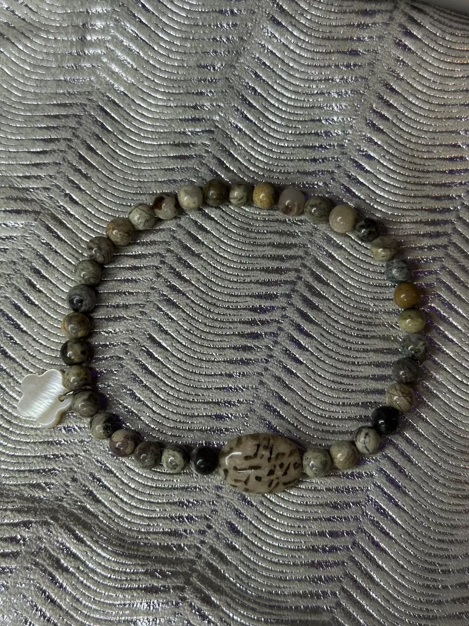 plant/Petrified Wood/Tiger Skin Jasper/Mother of Pearl Charm Stretch Bracelet-0