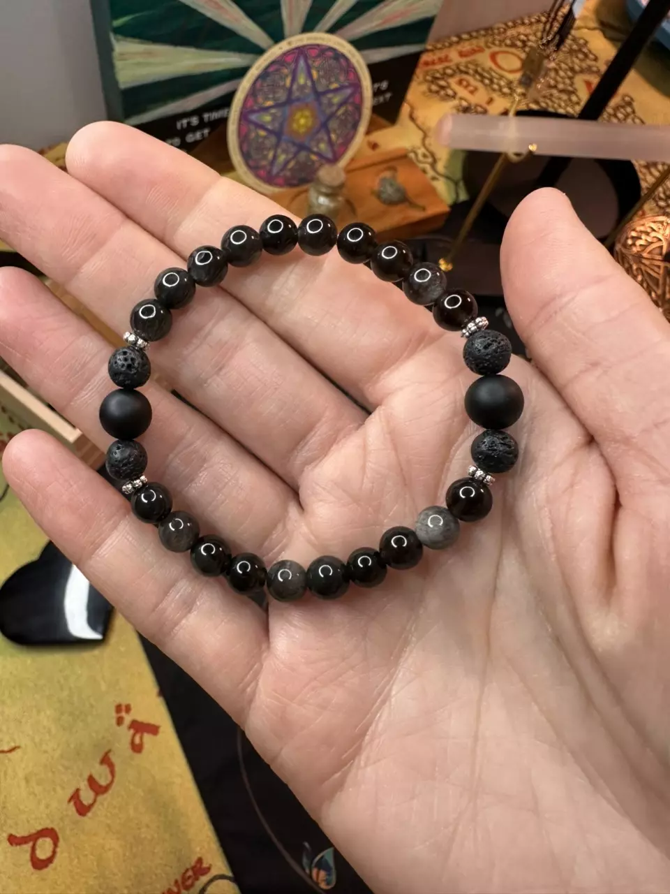 plant/Matte Onyx, silver sheen obsidian & lava beads-0