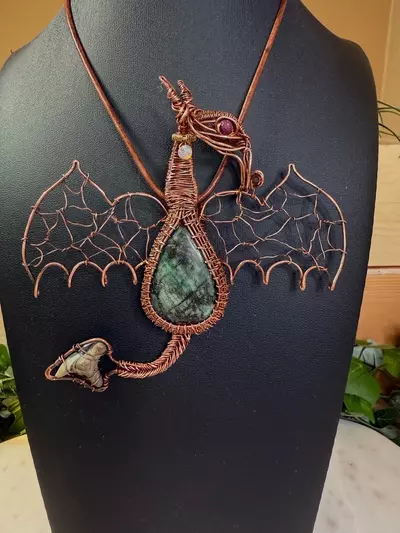 plant/Copper Wire-Wrapped Dragon Pendant with Emerald, Ruby, Opal, and Shark Tooth-0-thumbnail