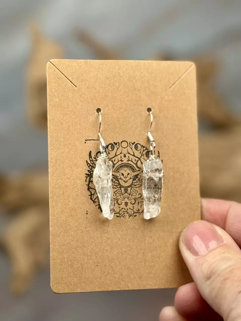 plant/clear quartz points on silver earrings (handmade)-0