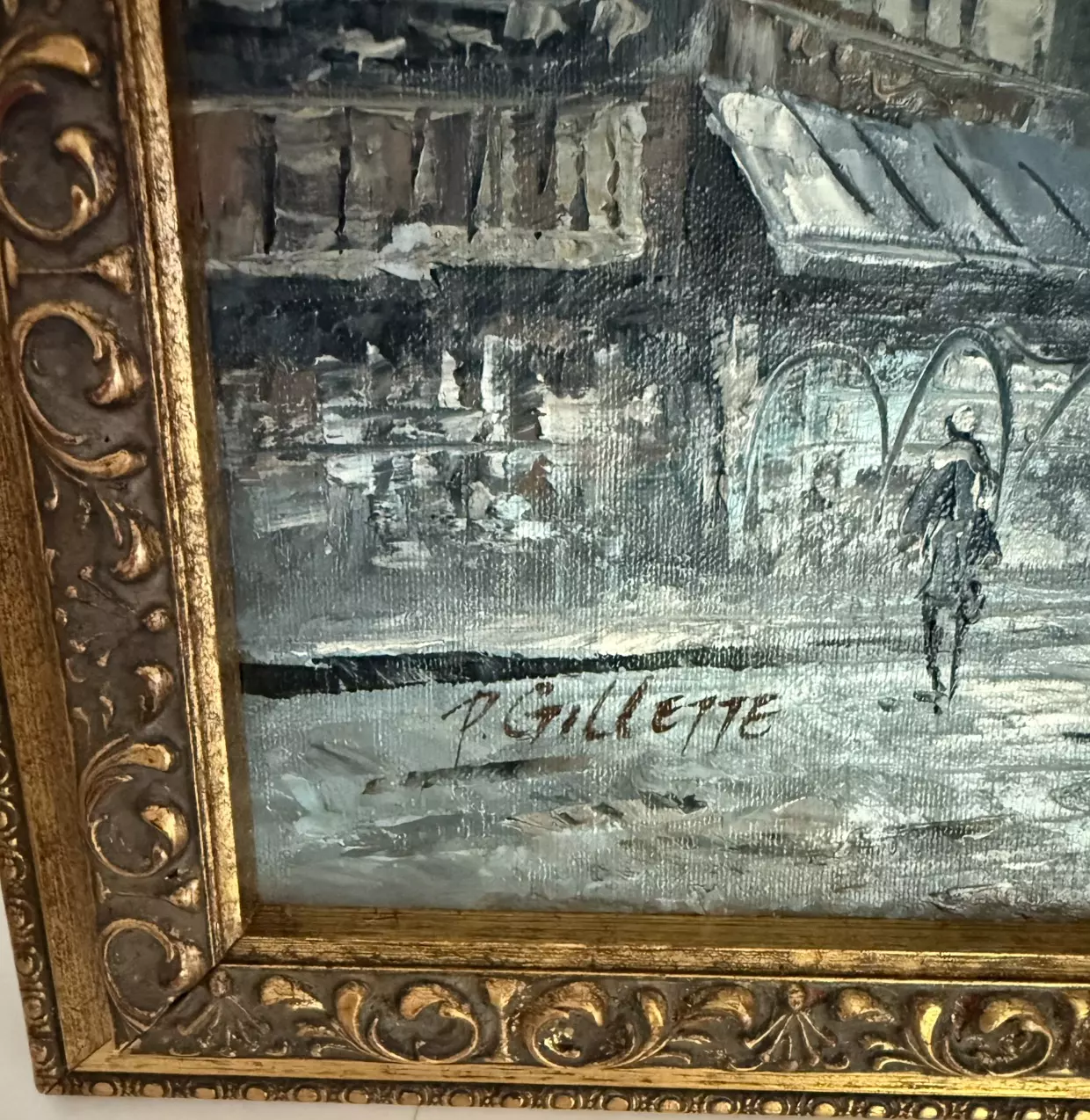 plant/Antique Signed Oil on Canvas - Blue Paris-1