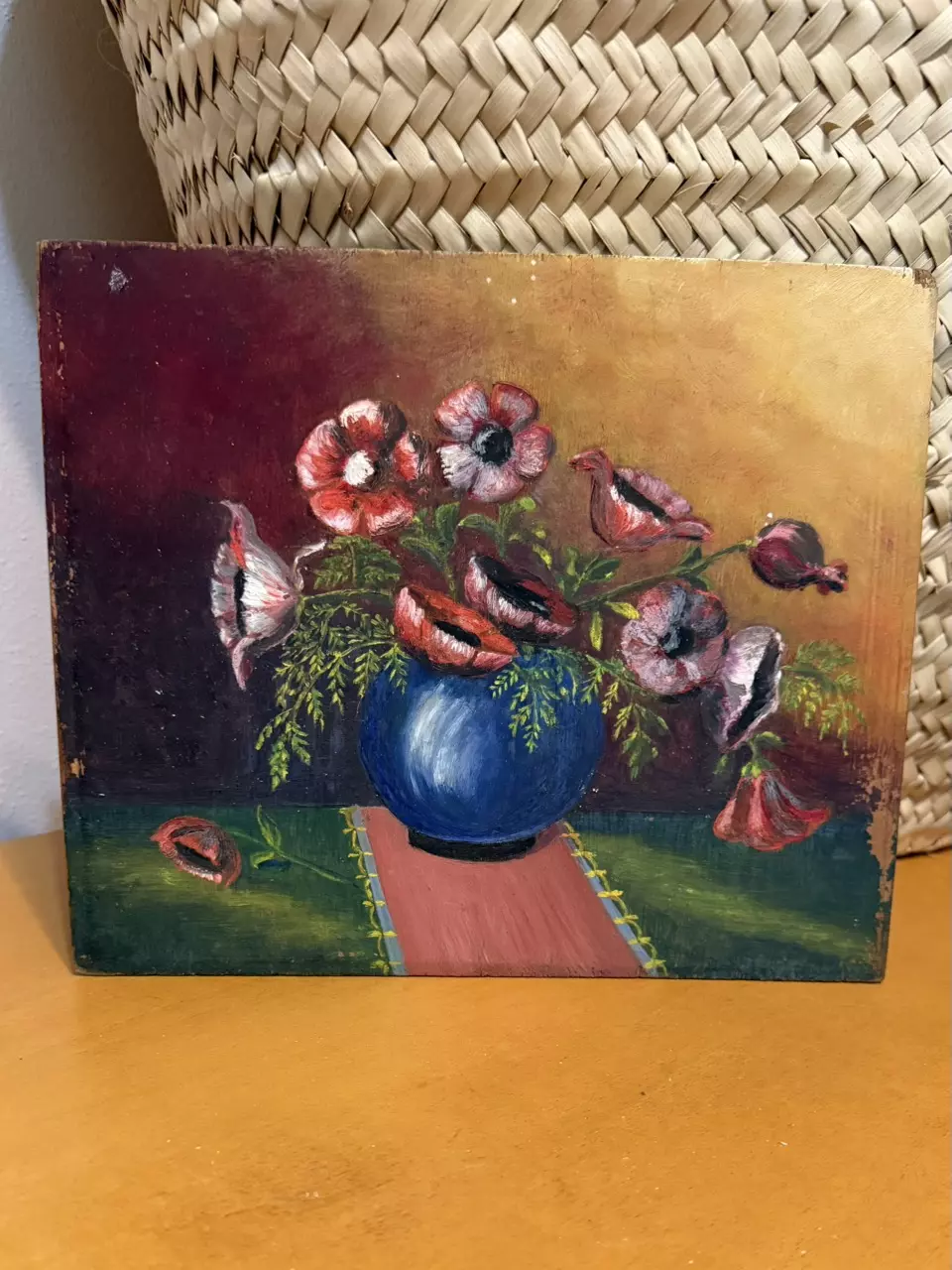 plant/Vintage French Still Life – Bouquet of Poppies in a Blue Vase, Oil on Board (Mid-0